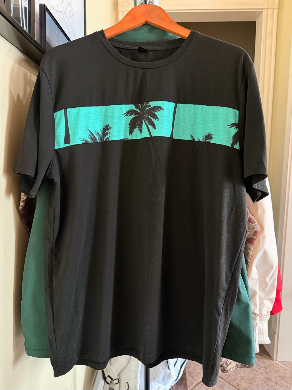 SHEIN Palm Tree Stripe Tee XXL Black Tropical Graphic Shirt